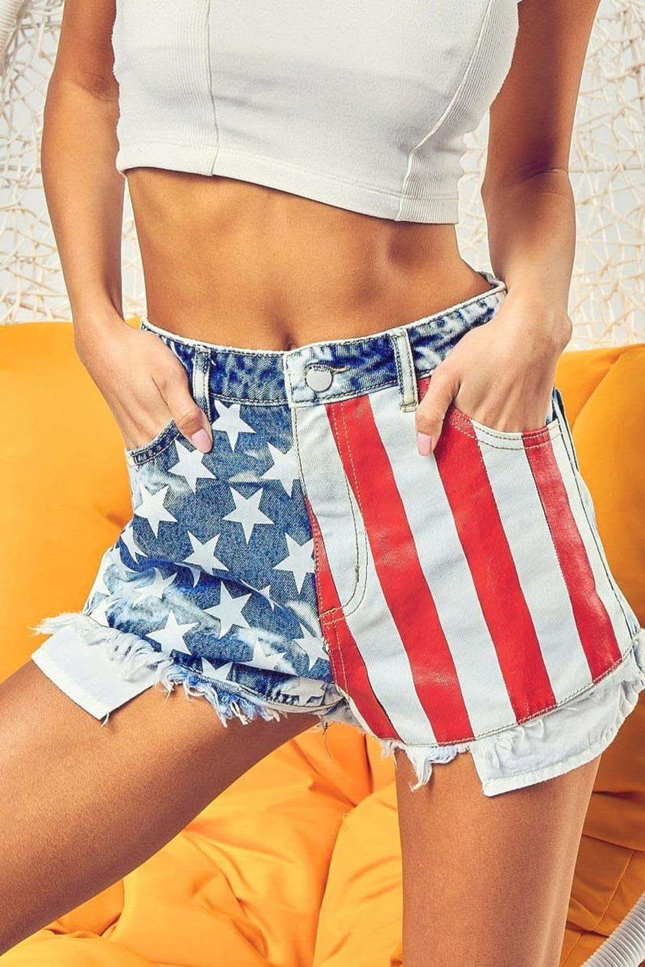 BiBi US Flag Theme Bleached Denim Shorts - SwagglyLife Home & Fashion